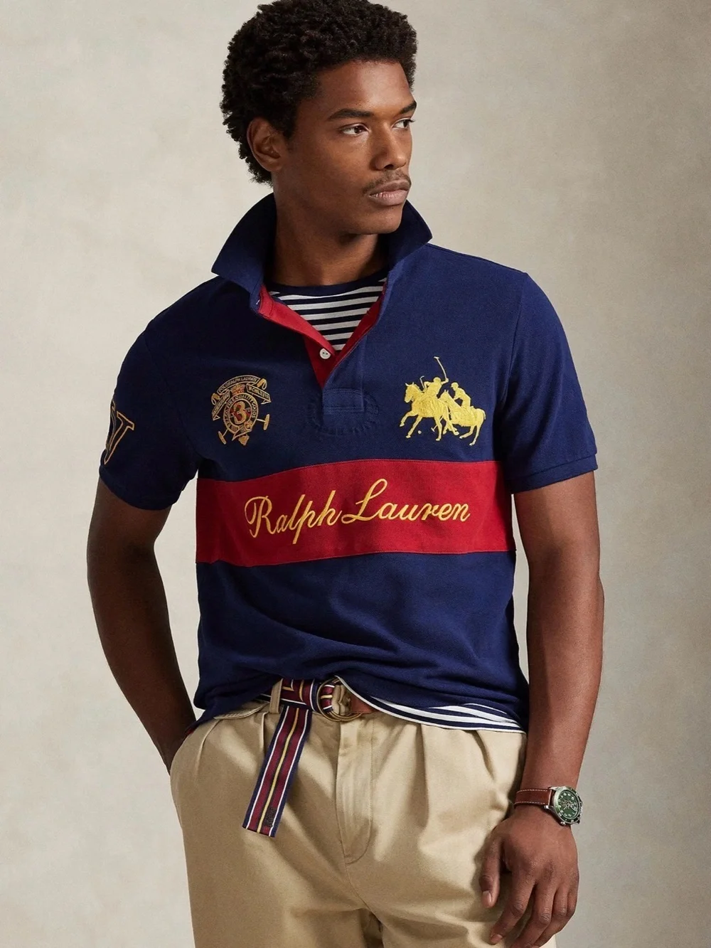 Ralph Lauren Navy Polo with Red Chest Band and Yellow Embroidery